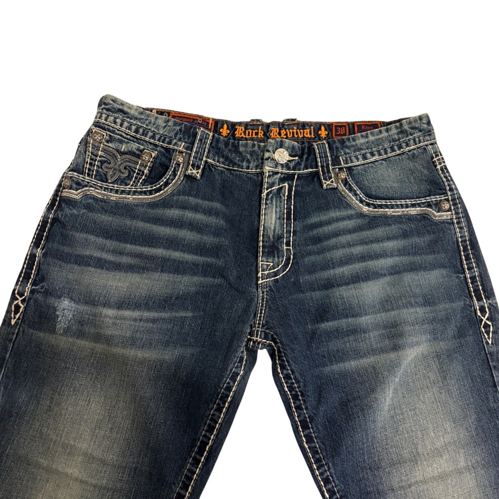Rock Revival Leon Relaxed Straight Blue Jeans Men 38x27 Wide Leg Shorter Inseam